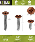 Self Tapping Brown Head Wood Screws Kit 120 Pieces Philips Flat Head Assorted Sizes One Half Inch, Three Quarter Inch, One Inch For DIY Projects And Quick Home Fixes Perfect For Cabinets, Furniture, Shelves And General DIY Repairs For Woodworking And. assortment of brown flat-head Phillips wood screws in 1/2, 3/4, and 1 inch sizes