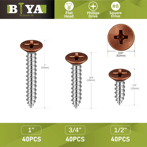 Self Tapping Brown Head Wood Screws Kit 120 Pieces Philips Flat Head Assorted Sizes One Half Inch, Three Quarter Inch, One Inch For DIY Projects And Quick Home Fixes Perfect For Cabinets, Furniture, Shelves And General DIY Repairs For Woodworking And. assortment of brown flat-head Phillips wood screws in 1/2, 3/4, and 1 inch sizes