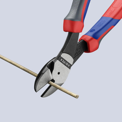 High Leverage Angled Diagonal Cutter 8 Inch With Comfort Grip Handles cutting a metal rod, showing angled head and grip detail