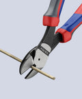 Pro Grade High Leverage Angled Diagonal Cutters, 8 Inch, 12 Degree Angled Jaw, Multi Component Build cutting a metal rod