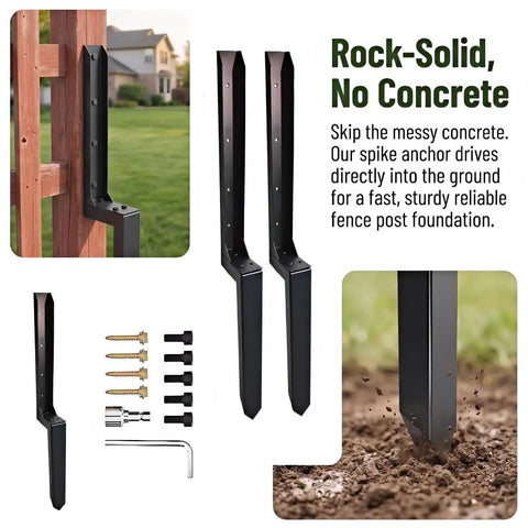 Beefy Heavy-Duty Fence Post Repair Kit Four Pack With Sturdy Anchors And Stabilizers For Leaning Posts Fits Wood And Metal Fence Posts Includes Screws And Wrench For A Quick Fix shown with components and installation example