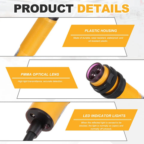 Industrial Diffuse Reflection Photoelectric Sensor M18 details including plastic housing, PMMA lens, and LED lights