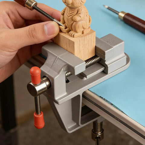 Heavy Duty Cast Iron Bench Vise With 360 Swivel Base Rock Solid Grip For Compact Desk Workholding, holding wooden figure for carving.