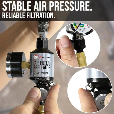 Le Lematec air filter regulator with gauge and water separator, 1/4 in NPT inline fitting.