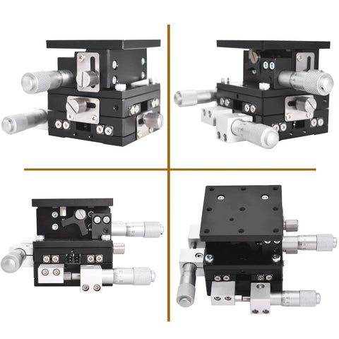 60x60mm XYZ Linear Stage With Manual Sliding Table For Smooth Multi Axis Precision, aluminum platform, side and top views