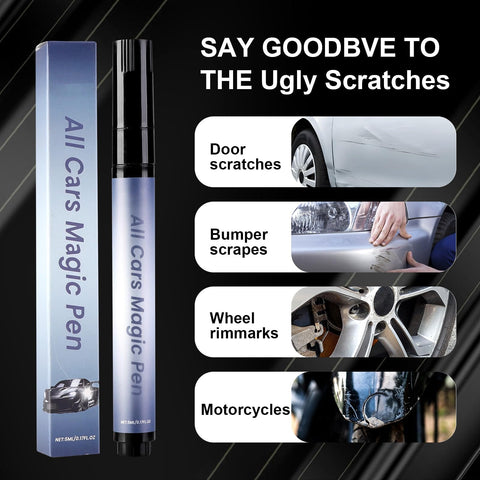 Two Pack Car Scratch Remover Pen Quick Fix For Scratches And Paint Damage Weatherproof Finish showing packaging and uses