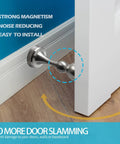 Heavy Duty Magnetic Door Stop With Brushed Nickel Finish, Premium Stainless Steel Door Catch shown installed on wall and door.