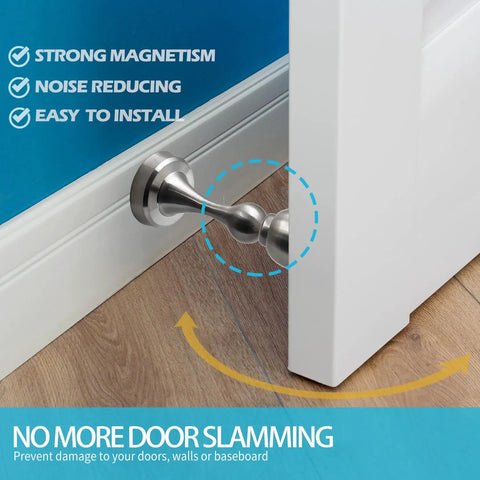 Heavy Duty Magnetic Door Stop With Brushed Nickel Finish, Premium Stainless Steel Door Catch shown installed on wall and door.