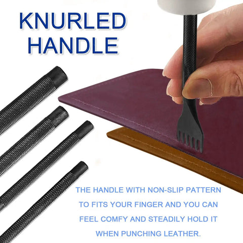 Diamond Hole Leather Stitching Chisel Set With Rhombus Teeth, 5mm Prongs In 1/2/4/6, knurled handle for DIY leathercraft