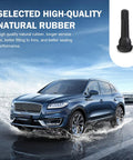 Image of a luxury SUV on a wet road with an inset showing 'Five Pack Tubeless Tire Valve Stems That Snap In Easy Rubber Air Tight Seal Replacement Kit For Standard Vehicle Tires In Black With Durable Brass Core And EPDM Rubber' alongside text highlighting high-quality natural rubber.