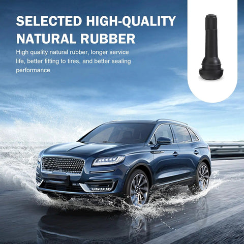 Image of a luxury SUV on a wet road with an inset showing 'Five Pack Tubeless Tire Valve Stems That Snap In Easy Rubber Air Tight Seal Replacement Kit For Standard Vehicle Tires In Black With Durable Brass Core And EPDM Rubber' alongside text highlighting high-quality natural rubber.