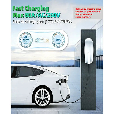 Built Tough Tesla To J1772 Charging Adapter With Secure Lock Ip65 Weatherproof Housing Handles Up To Eighty Amps For Hassle Free Level 2 E V Conversion On Every Road Trip In Black connected to a white electric vehicle.