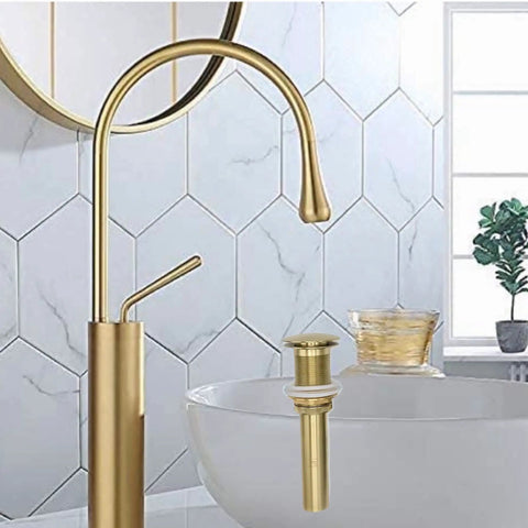 Brushed Gold Vessel Sink Faucet With High Arc, Single Lever Handle, Tall Solid Brass Vanity Tap shown in bathroom setup