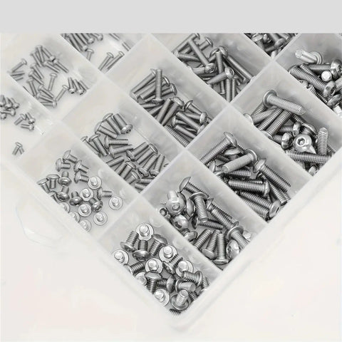 Over 1100 Pieces 304 Stainless Steel Button Head Socket Cap Screws, Nuts, Washers Kit M2 M3 M4 for DIY Projects and Repairs, Heavy Duty Hardware Set Built to Last for Automotive and Home Improvement Use. Assorted screws in organizer tray.