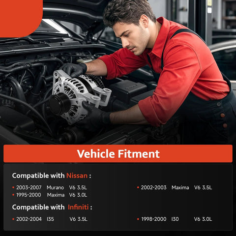 Mechanic installing Alternator For Nissan Murano 3.5L 2003 2007 And Maxima 3.5L 2002 2003 3.0 1995 2000 Infiniti I35 I30 3.5 3.0 Direct Fit OE Replacement
