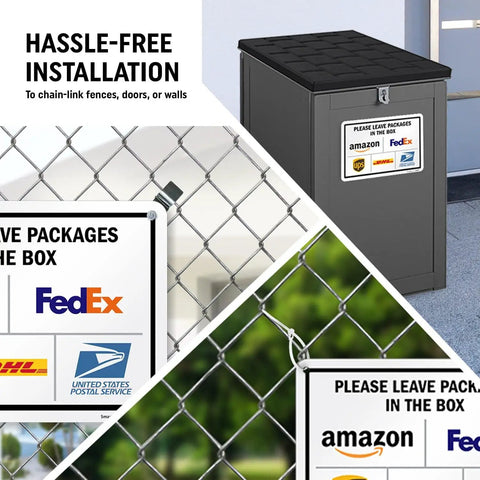 Premium 7 X 10 Inch Rustproof Aluminum Delivery Instructions Metal Sign For Amazon And FedEx And Ups Package Drop Off Outside on chain-link fence