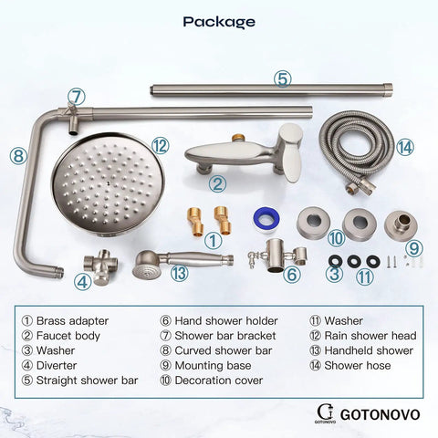 Exposed Shower Fixture System With 8 Inch Round Rainfall Shower Head Single Handle Dual Function Faucet Dope Brushed Nickel Finish components layout