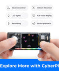 CyberPi Project Based Coding Kit For Kids Ages Eight To Twelve With Hands On STEM Projects Including An Auto Driving Car An Oscillating Fan And A Smart Trash Bin Made To Spark Creative Problem Solving And Real World Tech Skills, handheld CyberPi with joystick, screen