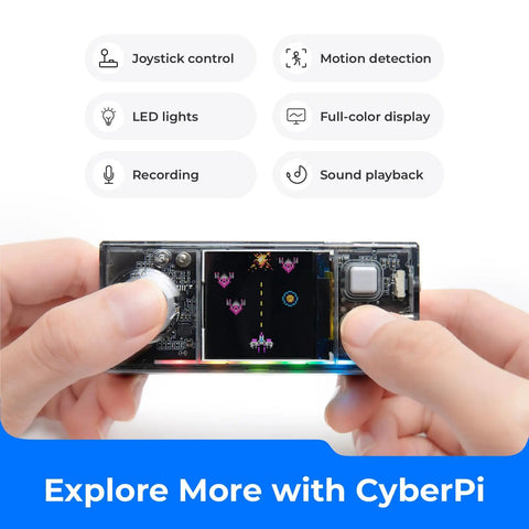 CyberPi Project Based Coding Kit For Kids Ages Eight To Twelve With Hands On STEM Projects Including An Auto Driving Car An Oscillating Fan And A Smart Trash Bin Made To Spark Creative Problem Solving And Real World Tech Skills, handheld CyberPi with joystick, screen