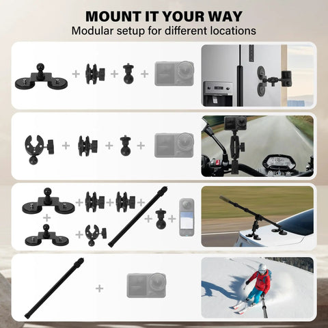 Modular Heavy Duty Magnetic Car Mount For Insta360 And Action Cam setup options showcasing components and configurations.