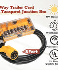 Heavy Duty 7 Way Inline Trailer Wiring Harness With 8 Foot Cord And 7 Terminal Junction Box Featuring Clear Waterproof Cover For RV Camper Trailer Lights Built For The Long Haul showing transparent junction box and black cord.