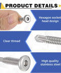 Workhorse Hex Socket Self Tapping Screws 410 Stainless Steel Flat Head Number Twelve One Inch Long Bulk Pack Two Hundred Pieces close-up of hexagonal socket head design