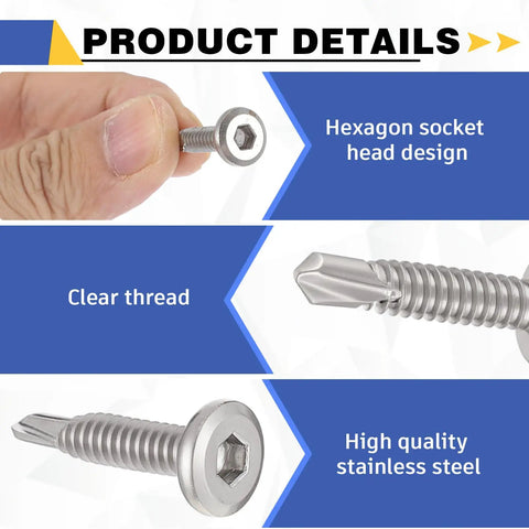 Workhorse Hex Socket Self Tapping Screws 410 Stainless Steel Flat Head Number Twelve One Inch Long Bulk Pack Two Hundred Pieces close-up of hexagonal socket head design