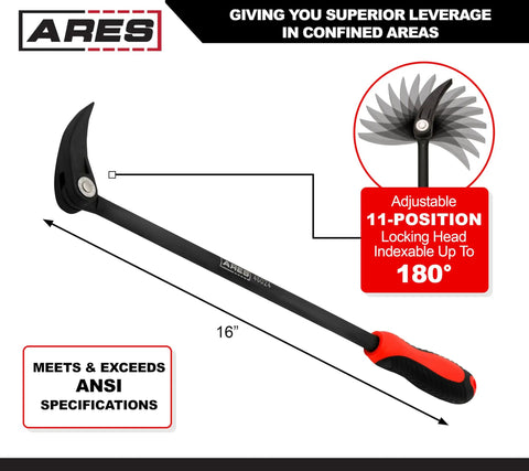 16 Inch Indexable Pry Bar With 11 Position Adjustable Head for Tight Spots, Chrome Vanadium Steel, black handle, tool diagram