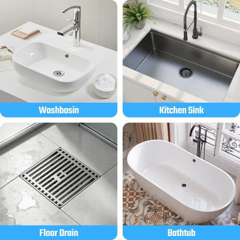 Game Changing Disposable Shower Drain Hair Catcher With Slick Peel And Stick Adhesive For No Worries Bathroom Tub Filter Upkeep And Super Reliable Daily Hair Clog Prevention 30 Pack shown in washbasin, kitchen sink, floor drain, and bathtub.