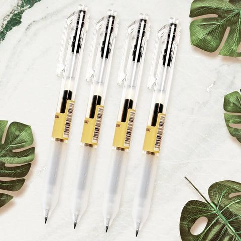 Four transparent pens from 12 Pack 0.5mm Gel Pens Retractable Black Ink Set For Smooth Quick Dry Writing No Smudge Bold Fine Point shown.