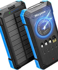 Massive 49800mAh Solar Power Bank With Wireless Charging, 15W QC3.0 Fast Charge, black and blue rugged design, four built-in cables