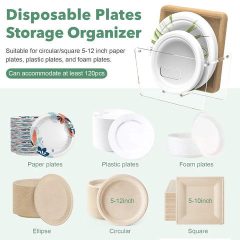Space Saving Acrylic Paper Plate Dispenser for 5 to 12 Inch Plates with various plate styles shown, ideal for RV and events.
