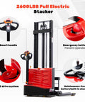 Heavy Duty Full Electric Pallet Stacker With 2640 Lbs Capacity And 118 Inch Lift Height Featuring Straddle Base Adjustable Forks view showing smart handle, emergency button, and DC drive system.