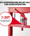 Tough As Nails 20 Ton Hydraulic Press H Frame Shop Workhorse With Adjustable Base And Heavy Plates For Metal Bending showing safety pressure relief valve.