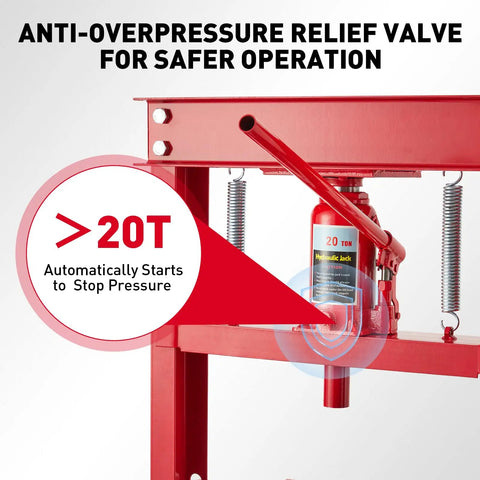Tough As Nails 20 Ton Hydraulic Press H Frame Shop Workhorse With Adjustable Base And Heavy Plates For Metal Bending showing safety pressure relief valve.