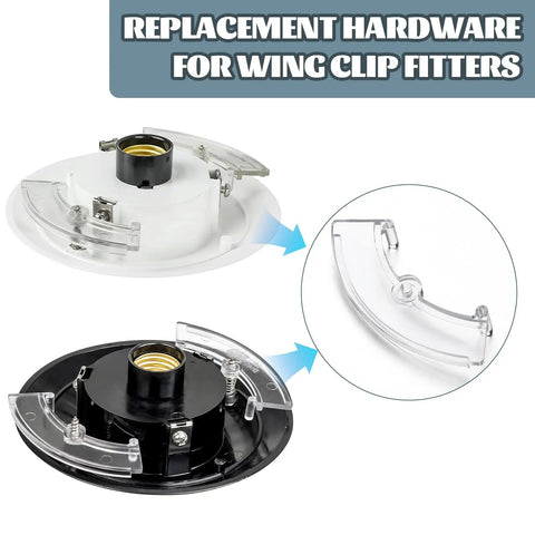 Two Pack Post Top Fitter Hardware Kit with clear wing clamps for outdoor light posts, showing white and black base with clamps.