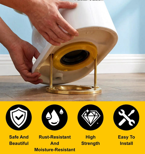 Heavy Duty Toilet Bolts Kit for Floor Installation with Nuts Washers and Caps 2 Pack Premium Anti Rust Metal Flange Bolts Replacement Hardware to Secure Toilet Bowl to Floor, gold bolts installed