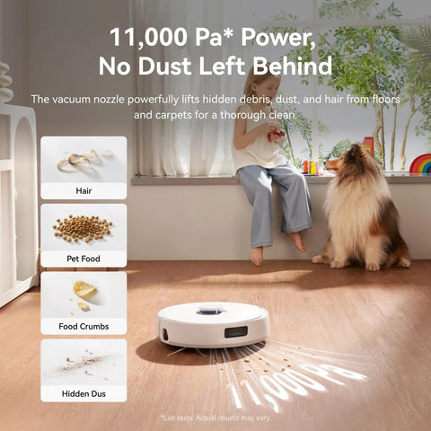 Freo X10 Pro Robot Vacuum And Mop Combo With 11,000 Pa Suction cleaning hardwood floor with pet beside