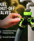 Heavy Duty 2 Way Hose Splitter Built Tough Metal Y Connector With No Fuss Shutoff Valves For Spigot Brass Outdoor Faucet Adapter Three Quarter Inch GHT Water Hose Connector Green on spigot, dual hoses attached
