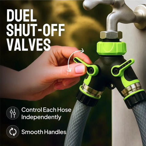 Heavy Duty 2 Way Hose Splitter Built Tough Metal Y Connector With No Fuss Shutoff Valves For Spigot Brass Outdoor Faucet Adapter Three Quarter Inch GHT Water Hose Connector Green on spigot, dual hoses attached