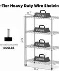 Rock Solid Heavy Duty 4 Tier Steel Wire Storage Rack With Durable Chrome Finish Adjustable Height Shelving Unit For Garage Kitchen Or Office Organization 1000 Lb Capacity with dimensions and weight support.