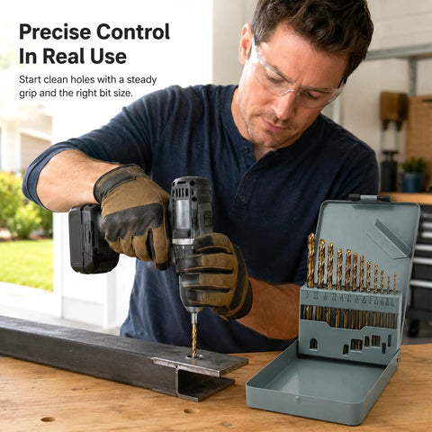 Sick 13-Piece Cobalt Left Hand Drill Bit Set For Stainless Steel And Hardened Metal! Heavy Duty Reverse Twist Bits With Split Point Tip, Titanium Coated HSS Jobber Length Kit In Storage Case For Tough Jobs. Man drilling steel with 13-piece bit set in open case
