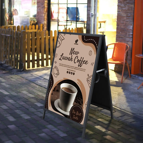 Heavy Duty Slide In A Frame Sidewalk Sign 24x36 Inches Double Sided Steel Frame Only Easy Poster Change Top To Bottom Or Bottom To Top For Corrugated Plastic Posters Black displaying coffee ad outside.