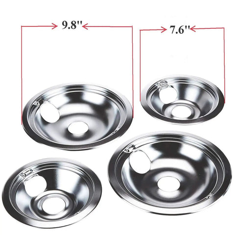 Replacement Chrome Drip Pan Set For GE And Hotpoint Electric Ranges With Locking Slots Includes 2 6 Inch And 2 8 Inch Pans 4 Pack WB31T10010 WB31T10011 displayed from top view with dimensions