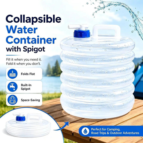 Foldable Water Storage Container With Spigot For Camping And Outdoor Adventures, 10L shown folded flat next to a tent