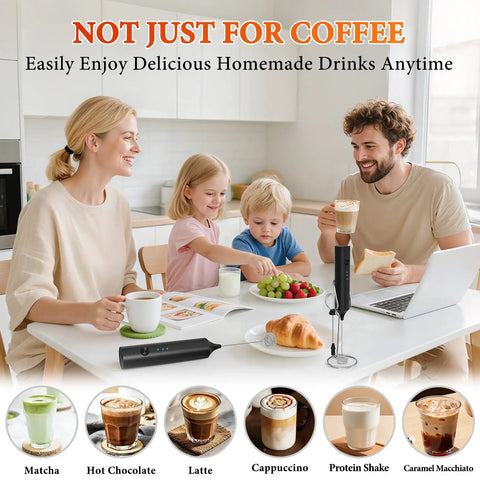 Family at table with Rechargeable Handheld Milk Frother With 3 Speeds And 3 Stainless Whisks For Coffee, Matcha, Lattes, Cappuccino.