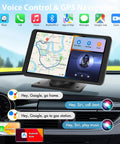 Wireless 7 Inch HD CarPlay Screen Slick Portable Touchscreen Stereo For Cars With Apple CarPlay Android Auto Bluetooth Handsfree Calling WiFi GPS Navigation And Siri Google Assistant Voice Control showing GPS navigation and music interface on dashboard.