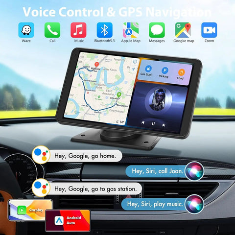 Wireless 7 Inch HD CarPlay Screen Slick Portable Touchscreen Stereo For Cars With Apple CarPlay Android Auto Bluetooth Handsfree Calling WiFi GPS Navigation And Siri Google Assistant Voice Control showing GPS navigation and music interface on dashboard.