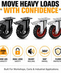 Tough As Nails Heavy Duty Caster Wheels With Dual Locking Brakes, Smooth Rolling Rubber Casters For Workbenches And Dollies, Built Like A Tank Steel Housing, 600 Lbs Load Per Wheel, 4 Pack Red, showcasing four sturdy 5 inch casters with black and red wheels.