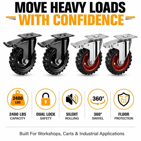 Tough As Nails Heavy Duty Caster Wheels With Dual Locking Brakes, Smooth Rolling Rubber Casters For Workbenches And Dollies, Built Like A Tank Steel Housing, 600 Lbs Load Per Wheel, 4 Pack Red, showcasing four sturdy 5 inch casters with black and red wheels.